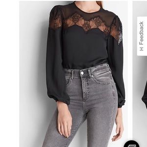 Lace neckline balloon sleeve top